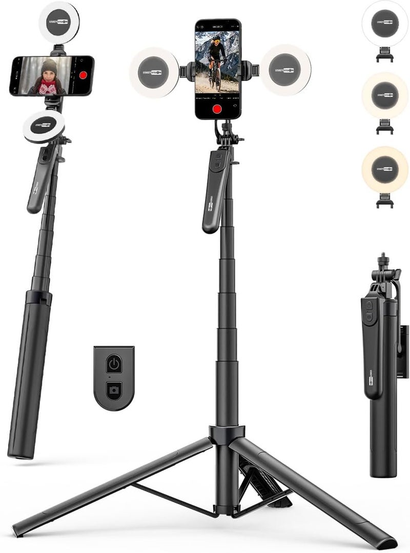 USKEYVISION 70" Multifunctional Phone Tripod for iPhone with Light, Extendable Selfie Stick with Remote for iPhone & Android 360° Rotation Phone Tripod Stand for Video Recording/Photography(UT-02) - Image 1